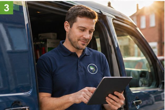 Tradesman reviewing the quote on a tablet by his van