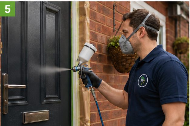 Tradesman spraying the front door on site