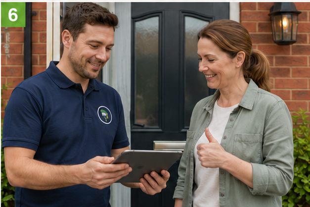 Tradesman and happy customer at the finished door